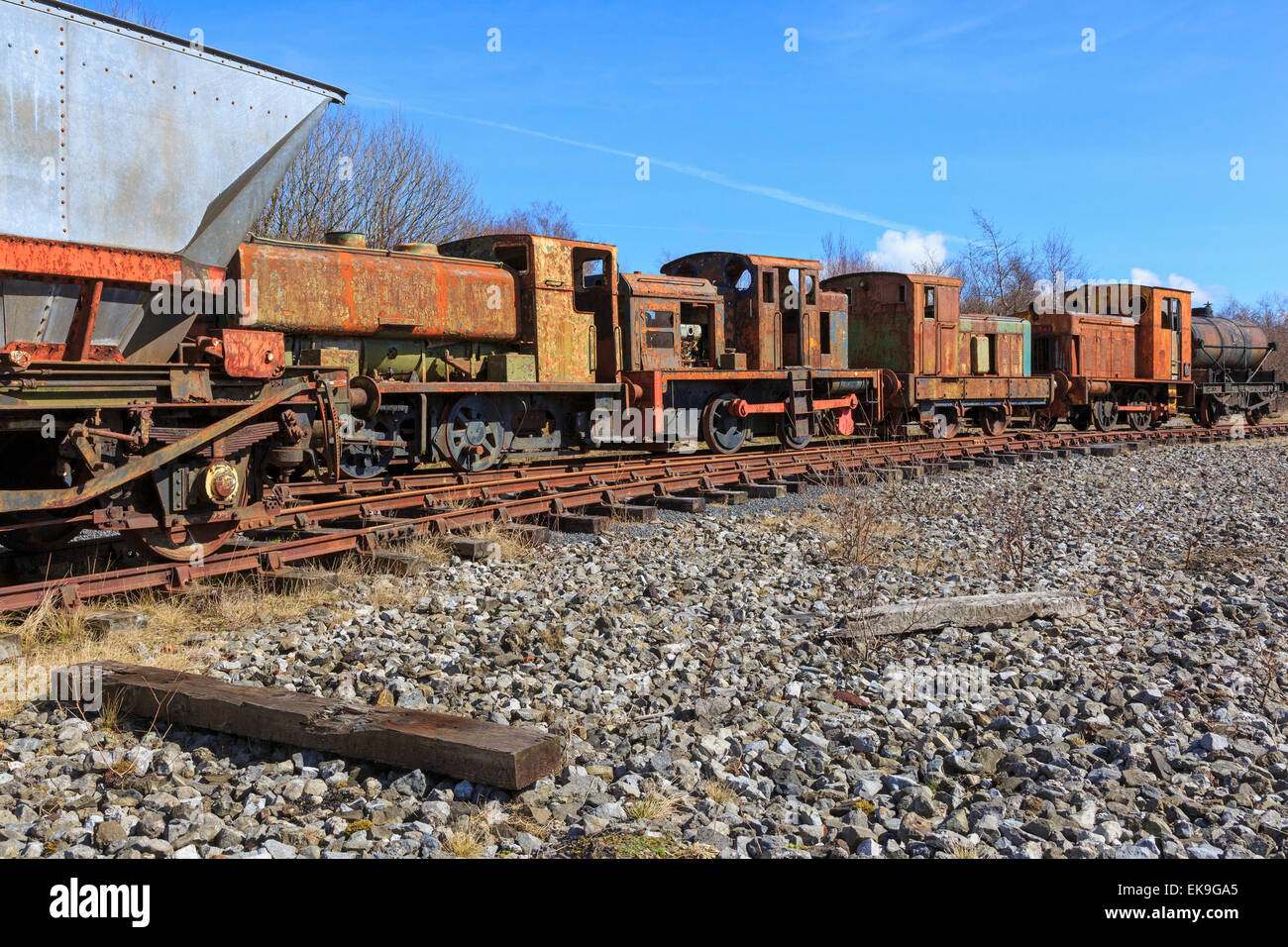 Old and abandoned rusting steam trains and railway carriages, Ayrshire, Scotland, UK Stock Photo