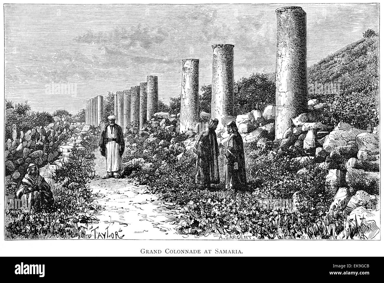 An engraving of the Grand Colonnade at Samaria scanned at high resolution from a book printed in 1889. Stock Photo