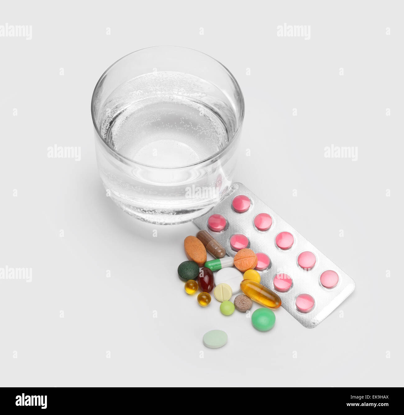 glass of water and vitamins, pills and tablets Stock Photo