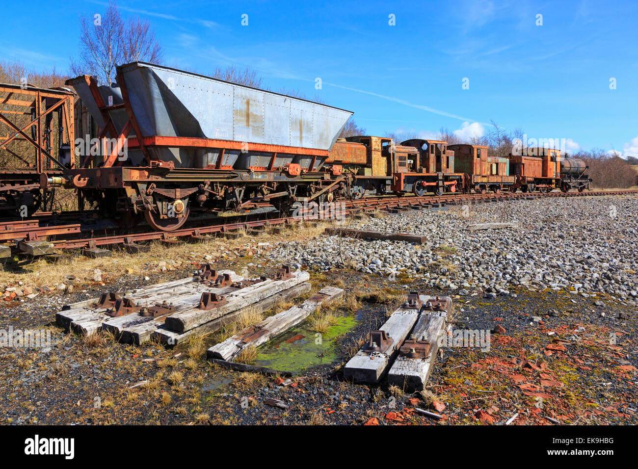 Old and abandoned rusting steam trains and railway carriages, Ayrshire, Scotland, UK Stock Photo