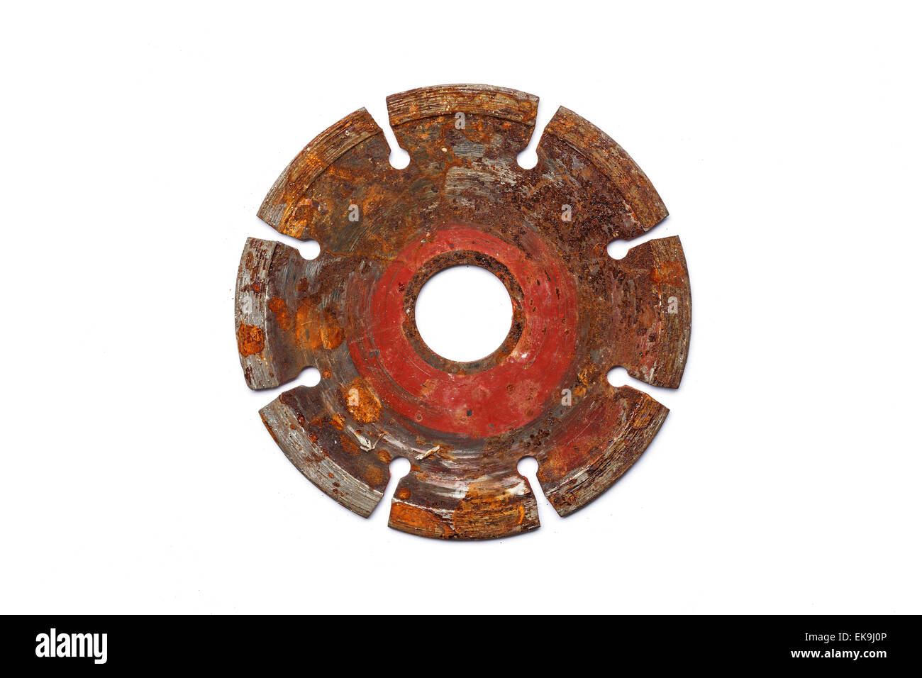 Close up old Rotating metal blade of circular saw for stone Stock Photo