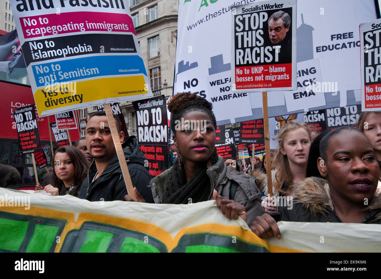Thousands march through London on UN Anti-Racism Day protesting Racism, Fascism, Islamophobia  and anti-semitism. 21 march 2015 Stock Photo