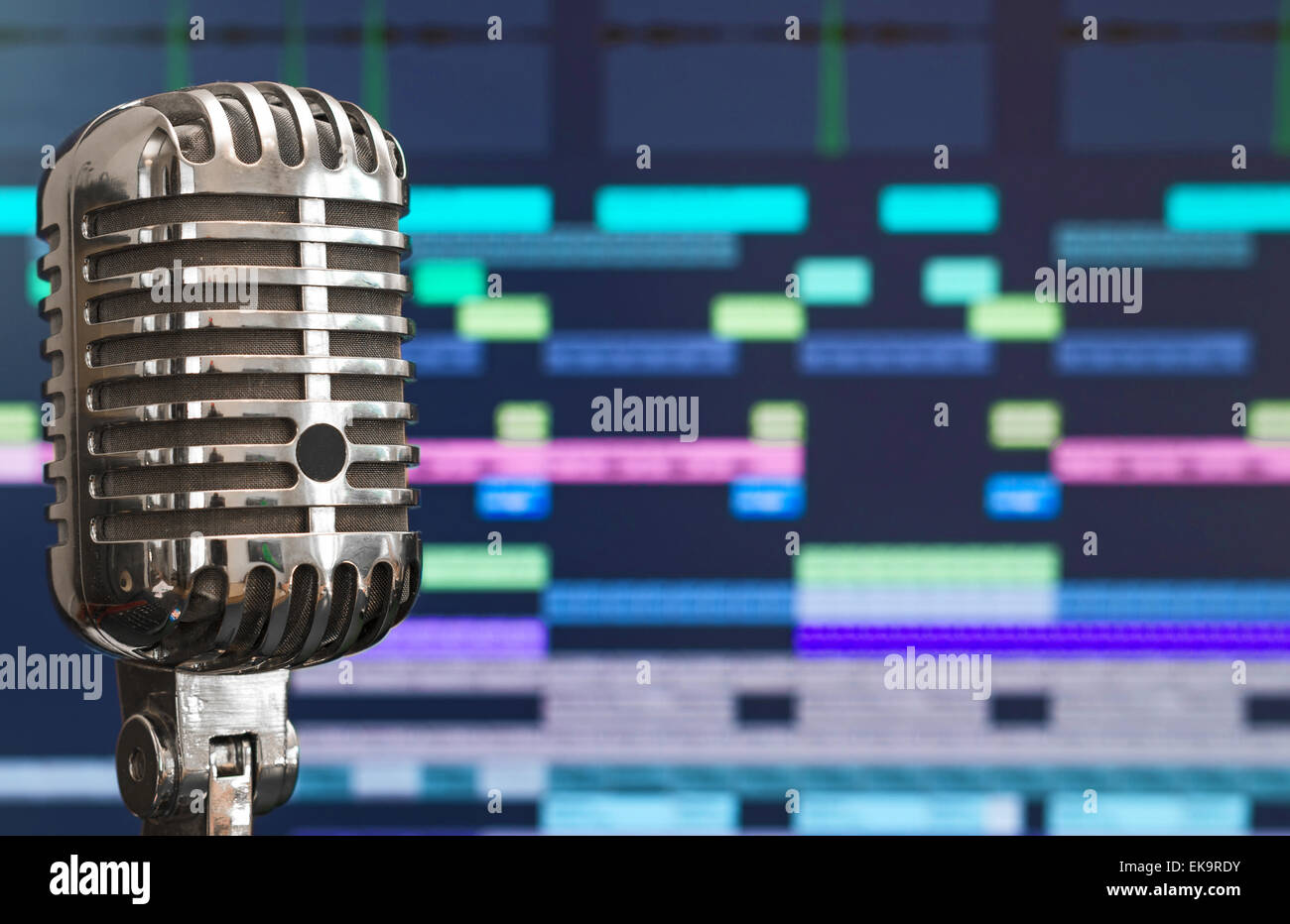 Retro microphone over recording software background Stock Photo Alamy