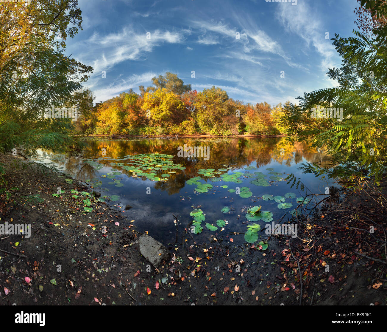 Beautiful autumn sunset at the river in the forest with clouds in the ...
