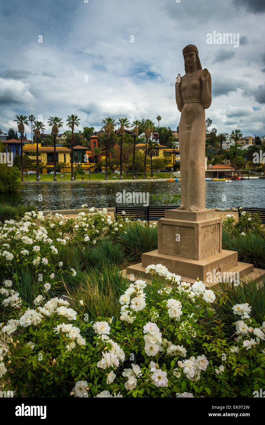 Flowers and statue at Echo Park, in Los Angeles, California Stock Photo