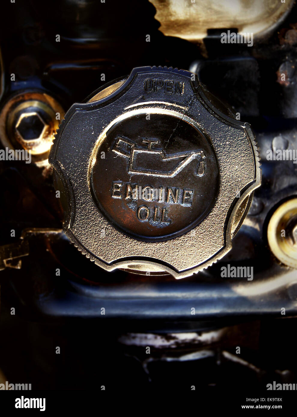 dirty oil filler cap detail Stock Photo Alamy