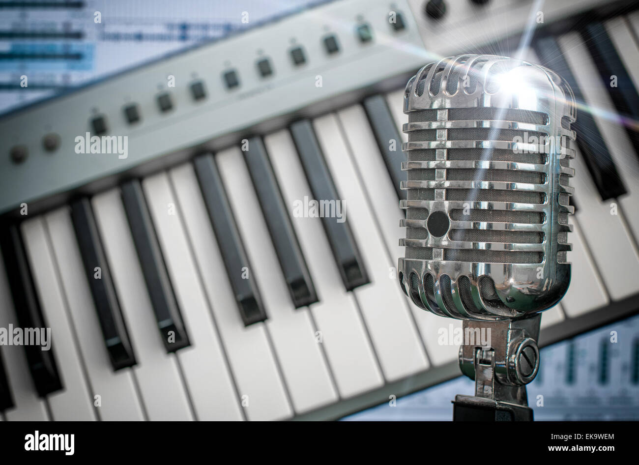 Retro microphone over piano and recording software background Stock Photo -  Alamy