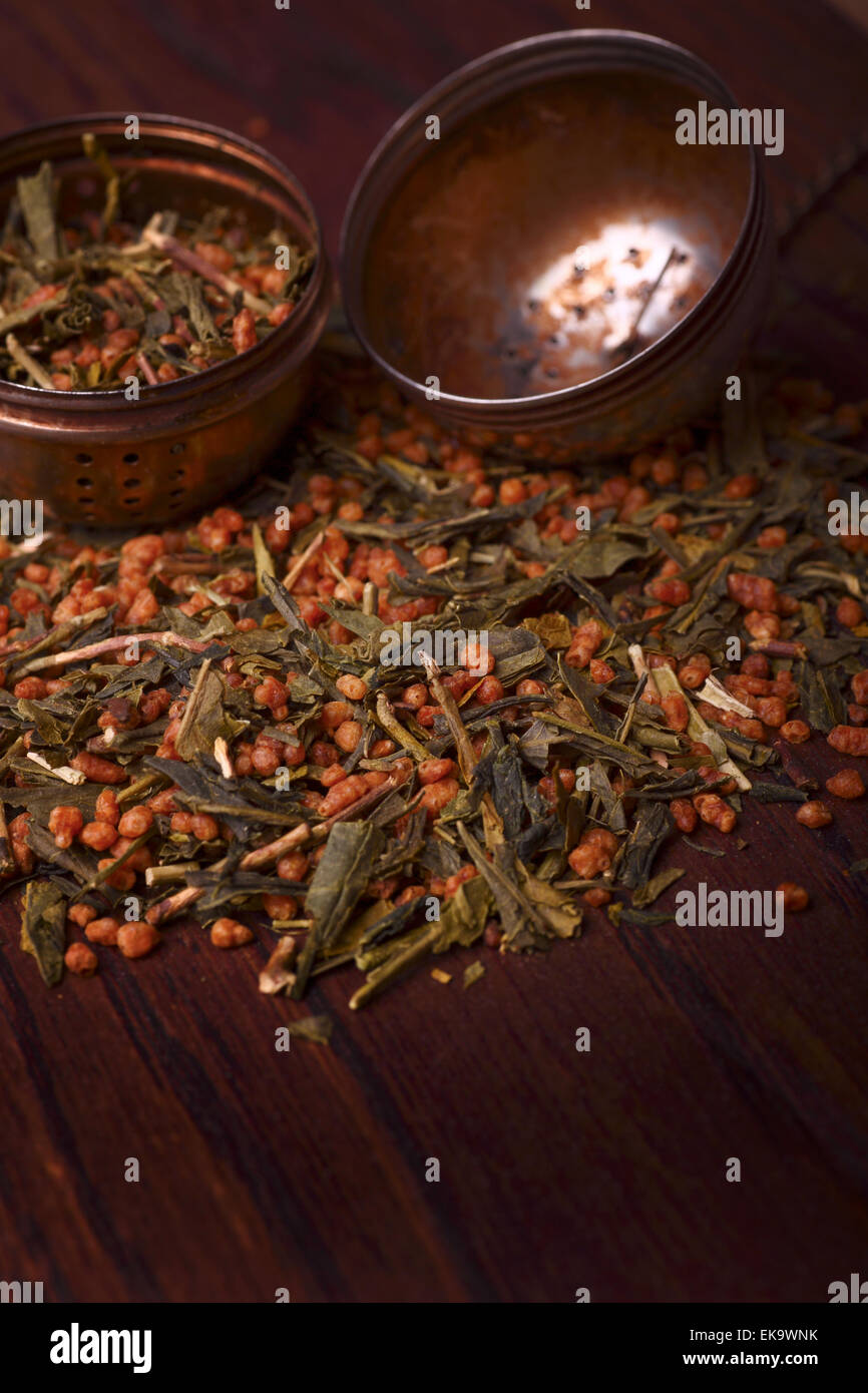 Japanese green tea with roasted brown rice known as Genmaicha Stock