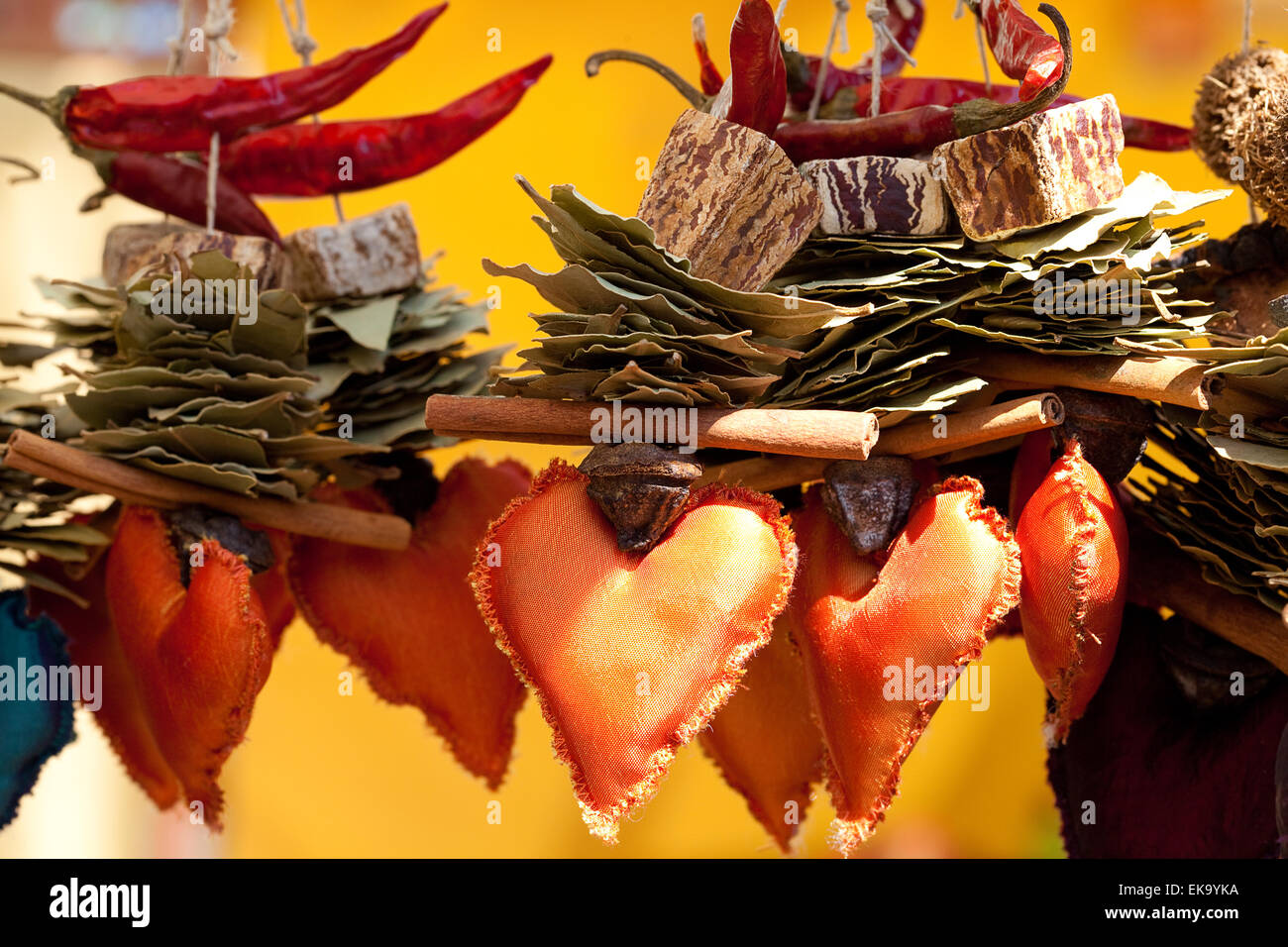 collection of dried fruit, vegetables and seasonings and hearts Stock Photo