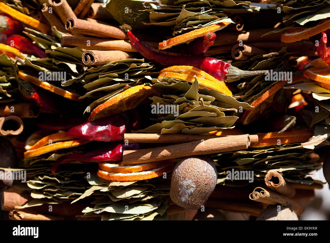 collection of dried fruit, vegetables and spices at the fair Stock Photo