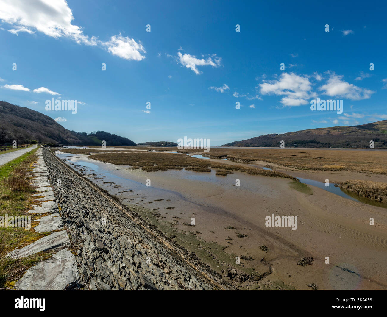 Wide angle landscape depicting Afon Mawddach, Min Y Don area and Barmouth rail and pedestrian bridge on a clear spring day. Stock Photo