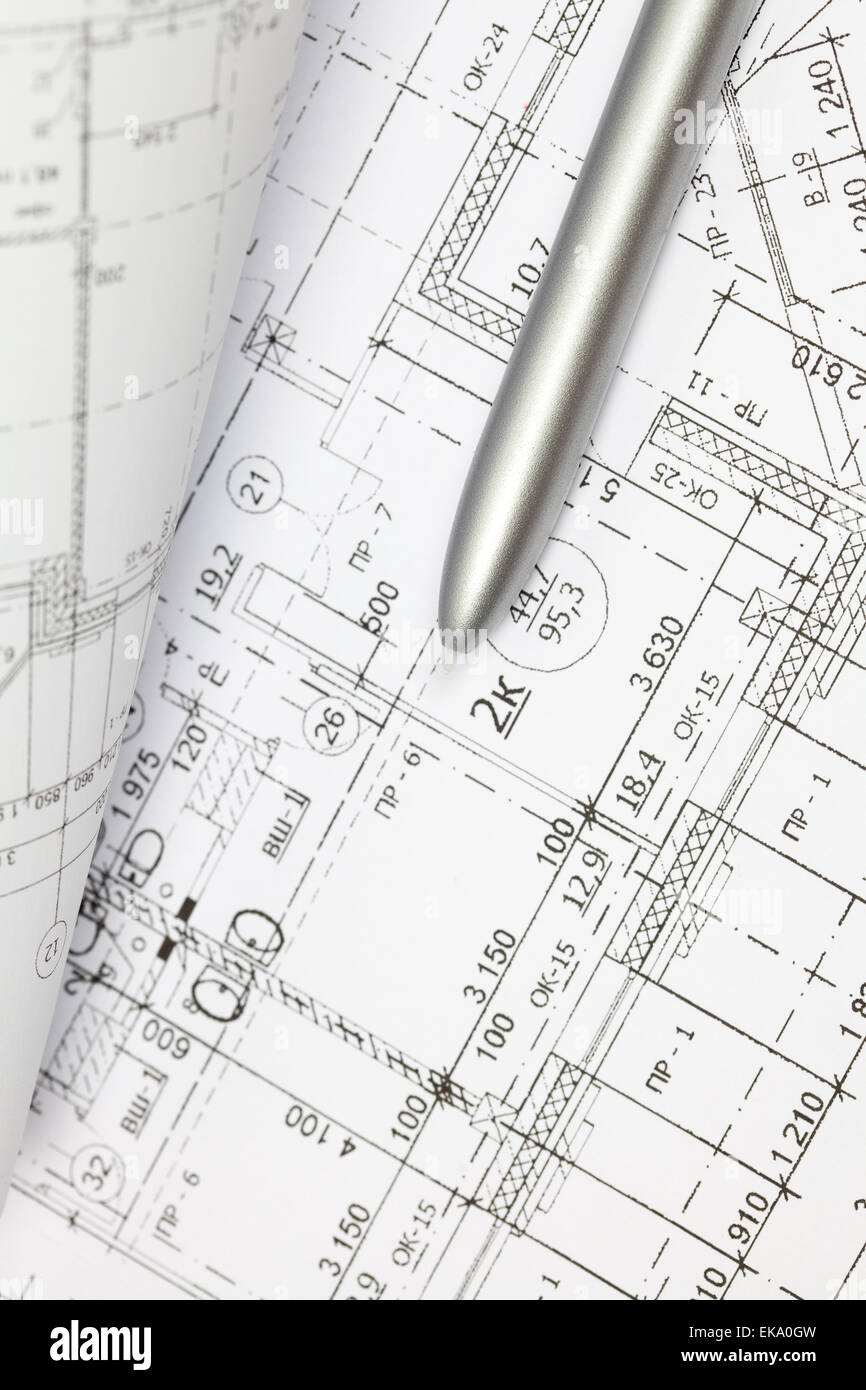 background of the architectural drawings and pen Stock Photo