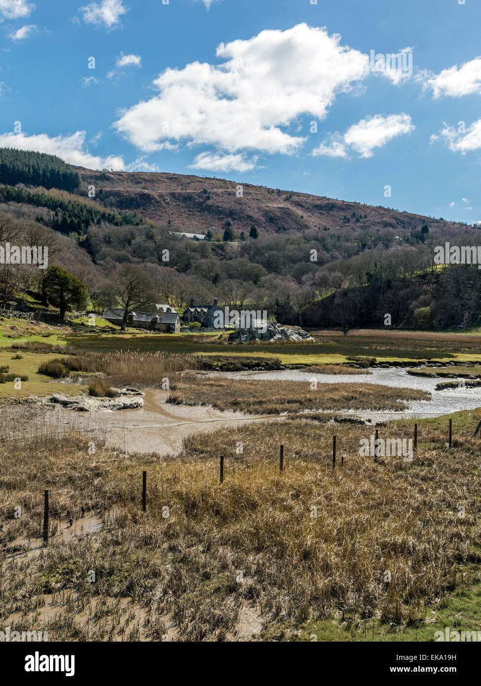 Landscape depicting Afon Mawddach inlet and the Islawr - dref area on a clear spring day Stock Photo