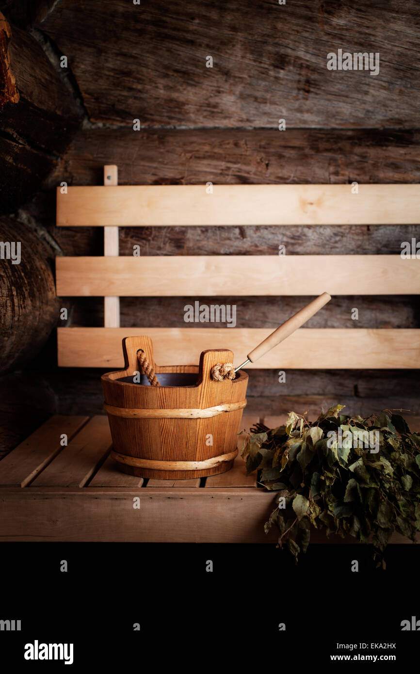 A Finnish sauna scene with a 'vihta' (bath whisk) ready for bathers. Stock  Photo by wirestock