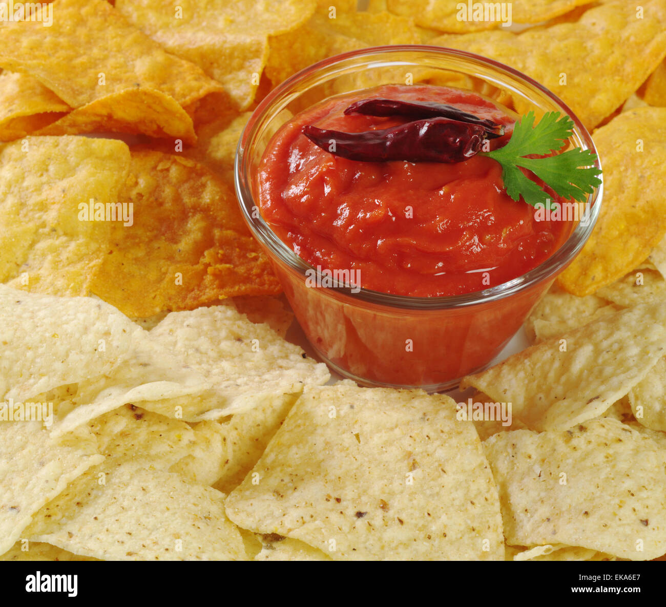 Tomato-chili dip with salty and cheese tacos (Selective Focus) Stock Photo
