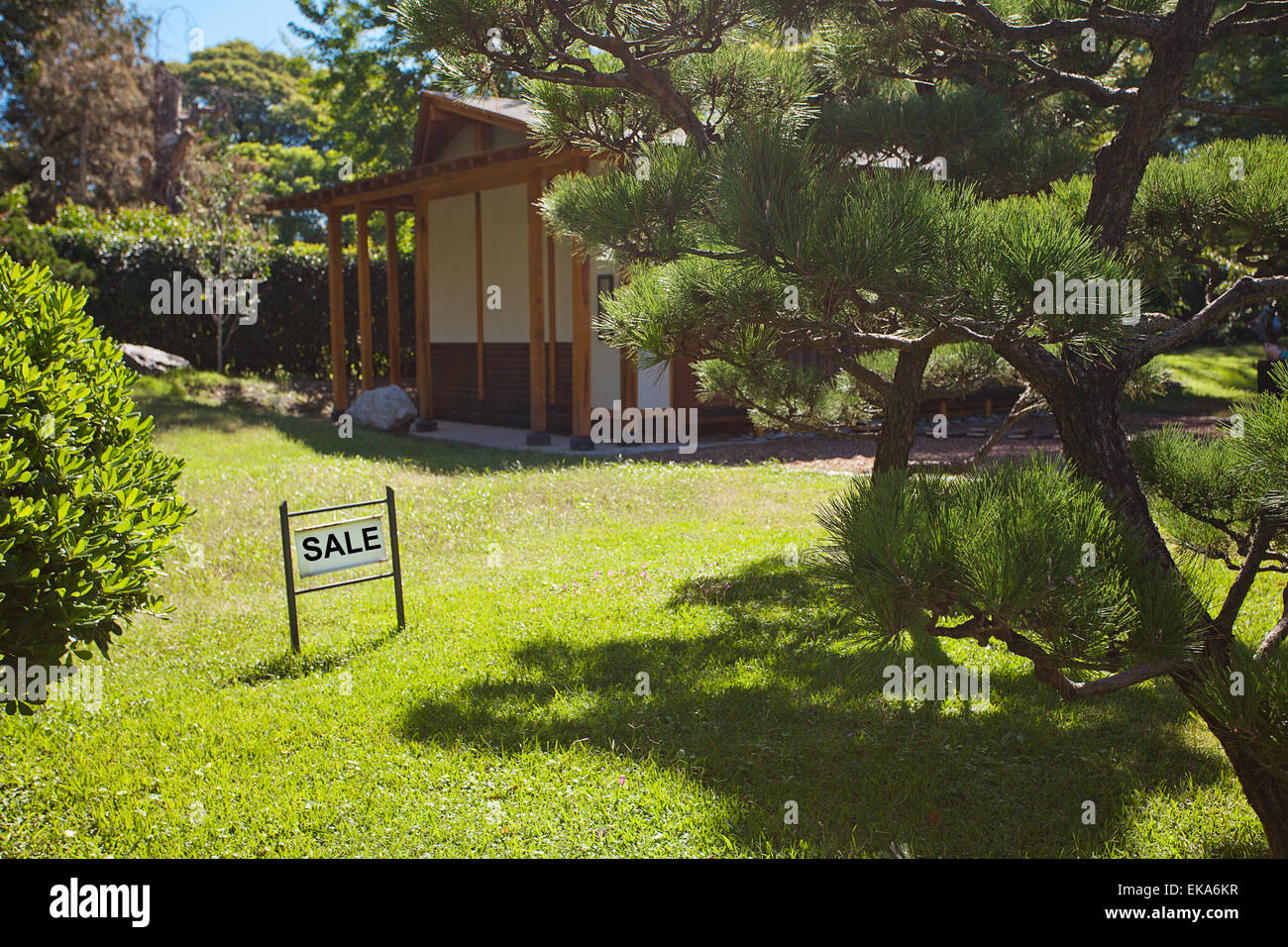 house in Japanese style on background of trees and card sale Stock Photo