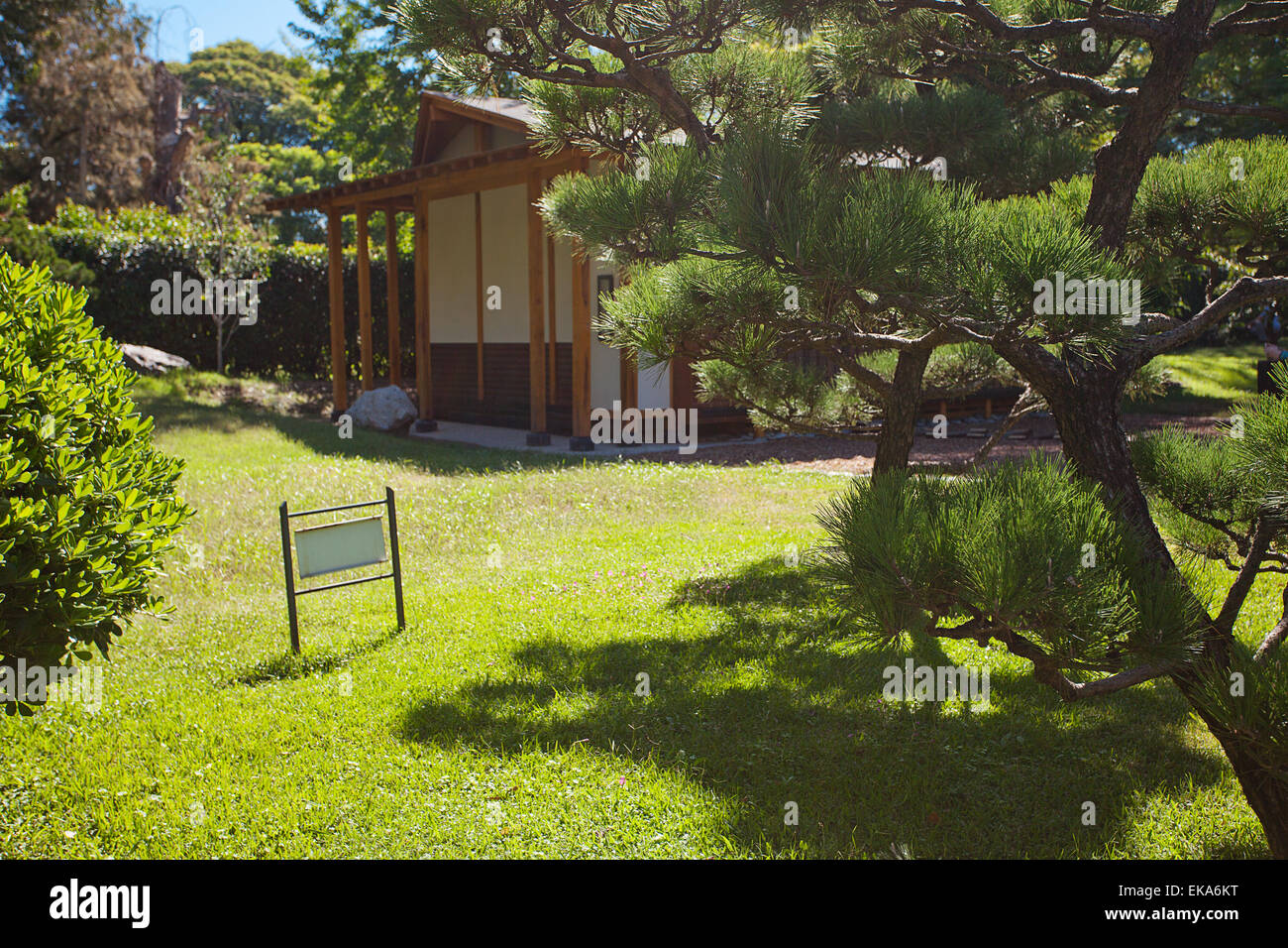 house in Japanese style on background of trees and card Stock Photo