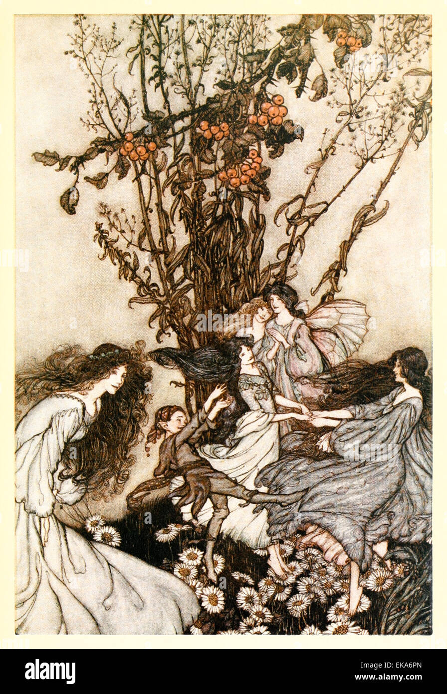 Fairies never say, 'We feel happy'; what they say is 'We feel dancey' - Illustration by Arthur Rackham (1867-1939) from ‘Peter Pan in Kensington Gardens' by J.M. Barrie (1860-1937). See description Stock Photo