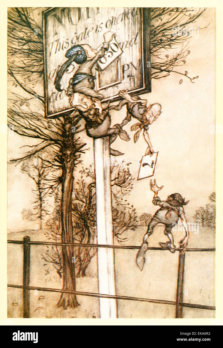 These tricky fairies sometimes change the board on a ball night - Illustration by Arthur Rackham (1867-1939) from ‘Peter Pan in Kensington Gardens' by J.M. Barrie (1860-1937). See description Stock Photo