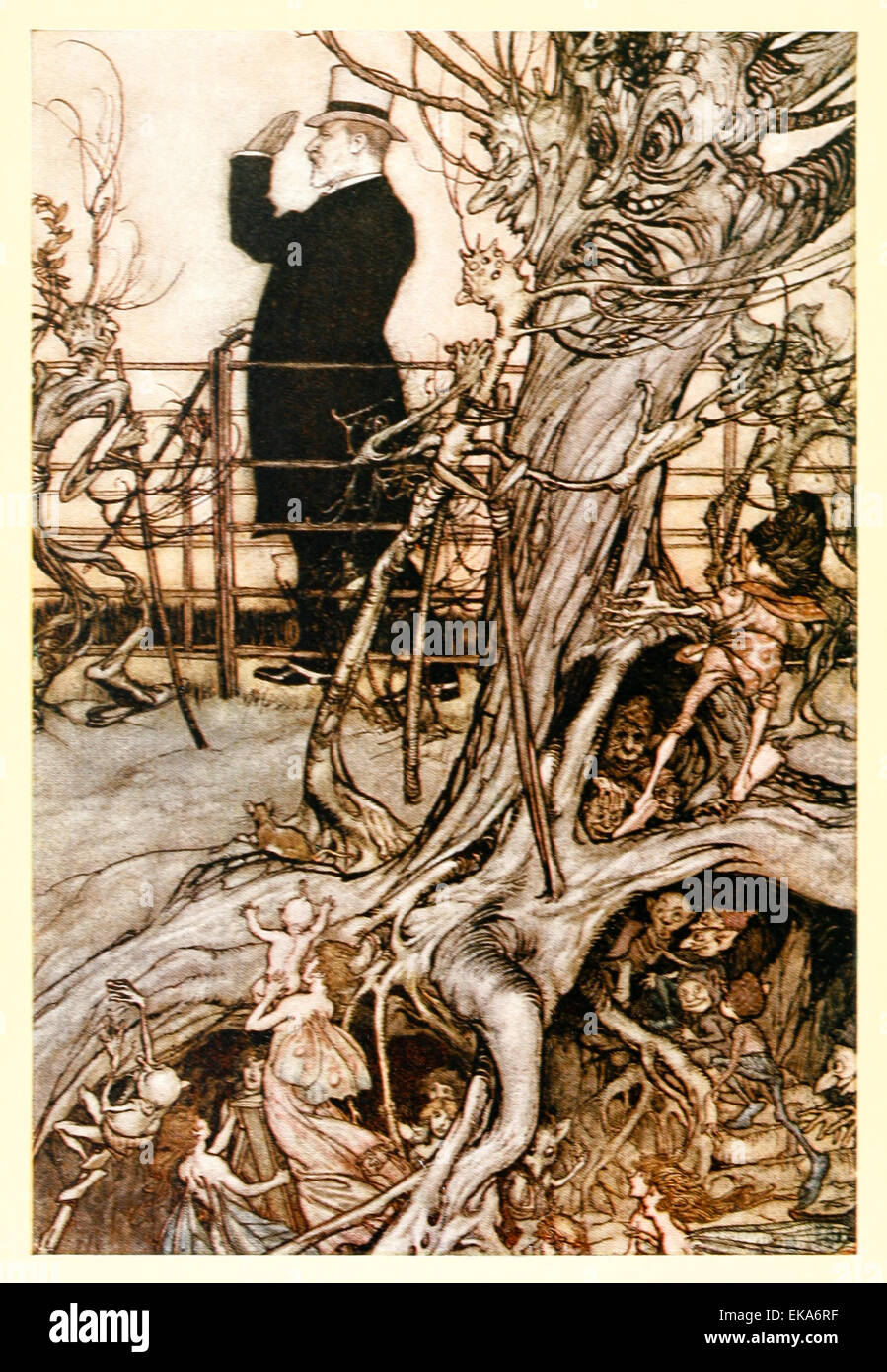 The Kensington Gardens are in London where the King lives - Illustration by Arthur Rackham (1867-1939) from ‘Peter Pan in Kensington Gardens' by J.M. Barrie (1860-1937). See description Stock Photo