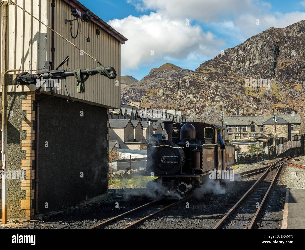 The Merddin Emrys, Double Fairlie locomotive lets off steam at the Blaenau Ffestiniog water tower. Stock Photo