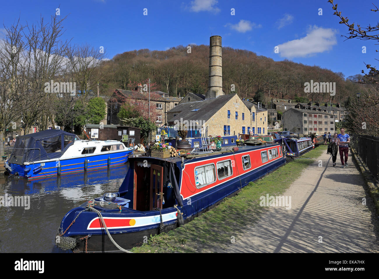 Narrow boats along the Rochdale Canal at Hebden Bridge, West Yorkshire