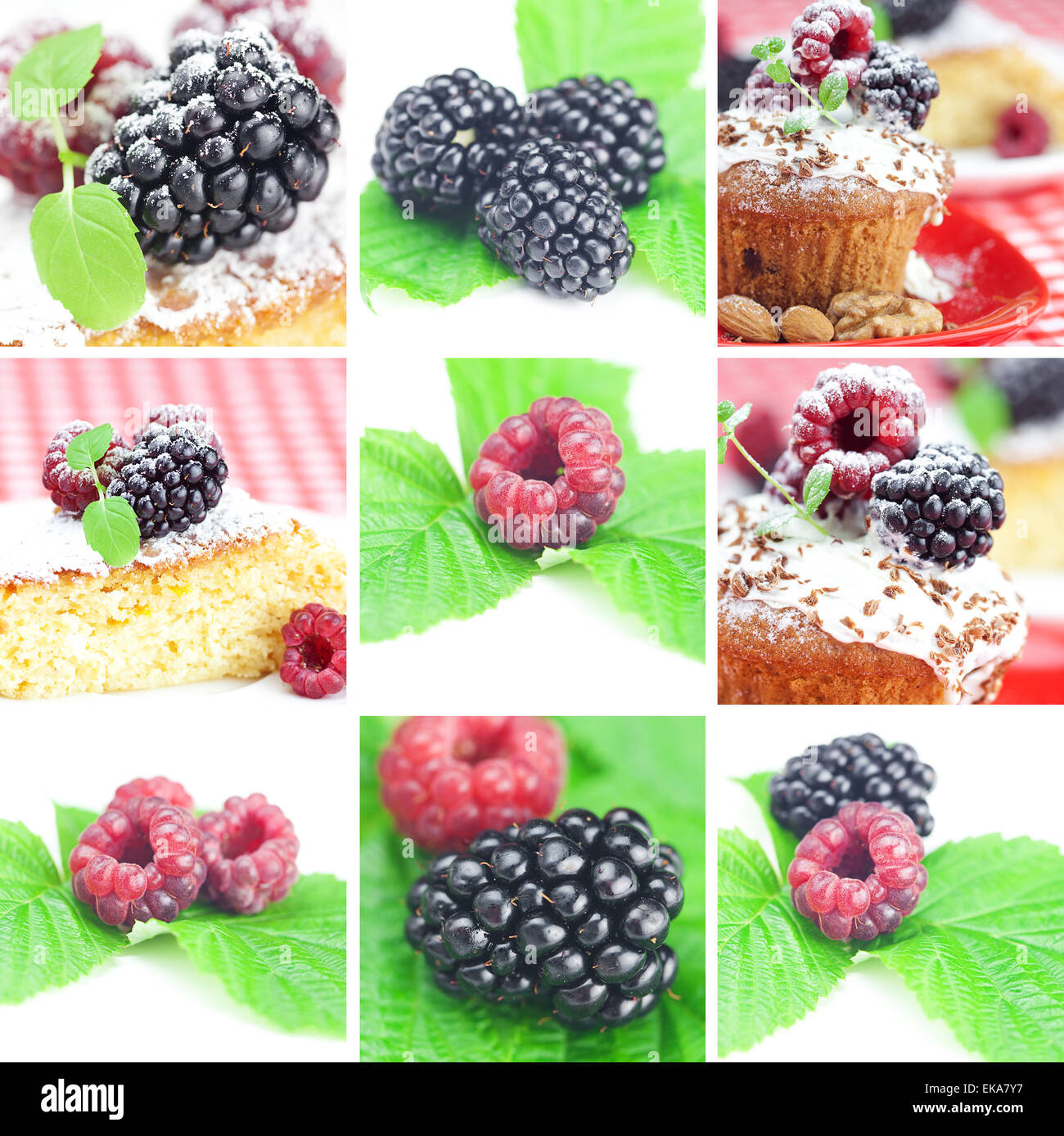 collage of cake,mint, raspberries, blackberries with green leave Stock ...
