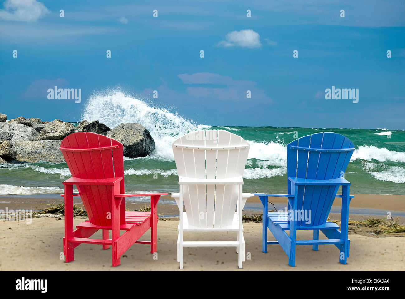 Red white and 2024 blue adirondack chairs