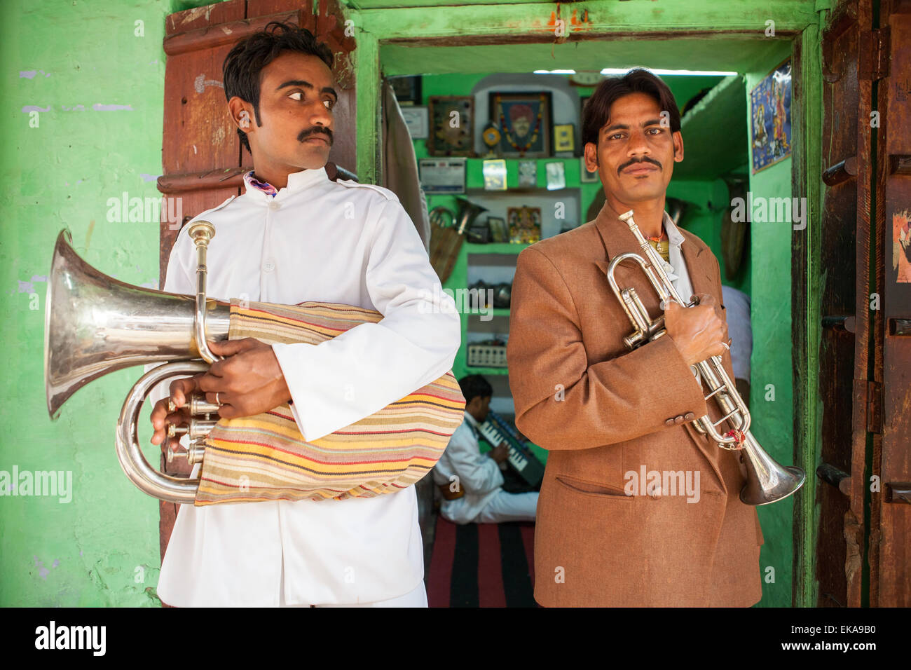 Tuba and trumpet players in Pushkar Stock Photo