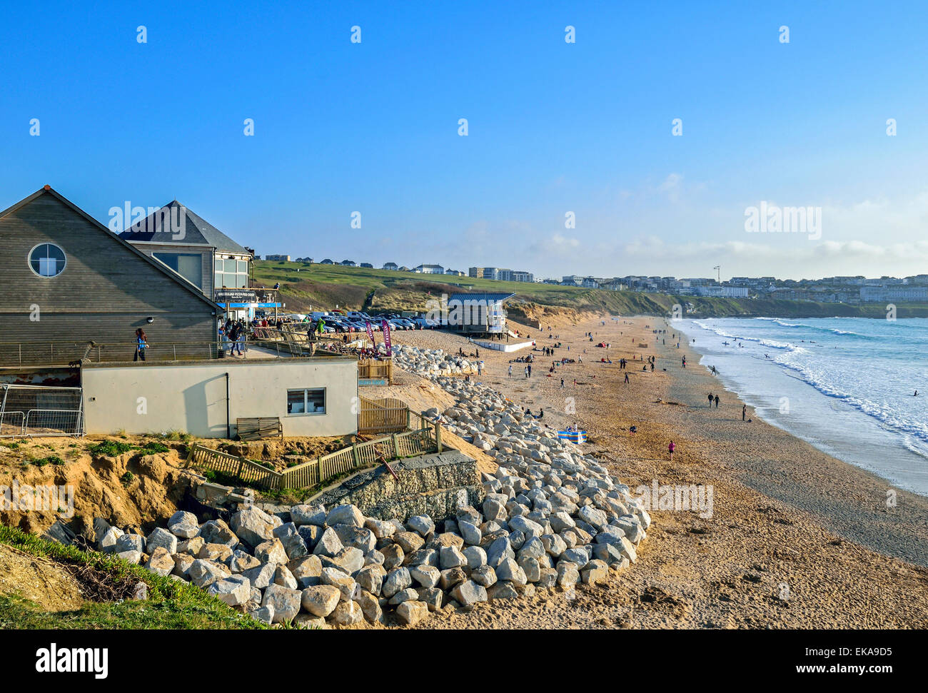 The bar and cafe overlooking Fistral beach in Newquay, Cornwall, Uk Stock Photo