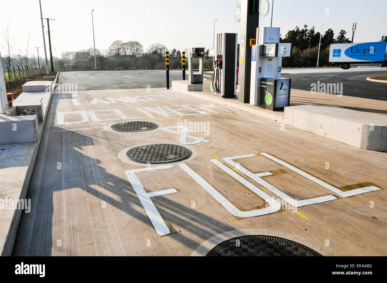 Diesel pump at an Applegreen motorway service station for trucks and lorries, also for the delivery tanker Stock Photo