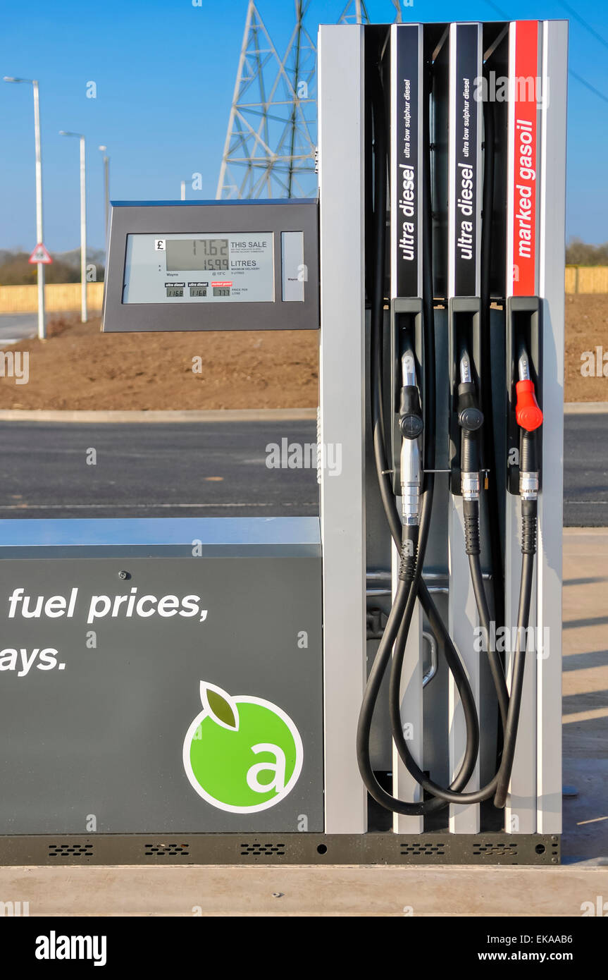 Diesel pump at an Applegreen motorway service station for trucks and lorries, also dispensing red (marked) diesel for use on private land. Stock Photo