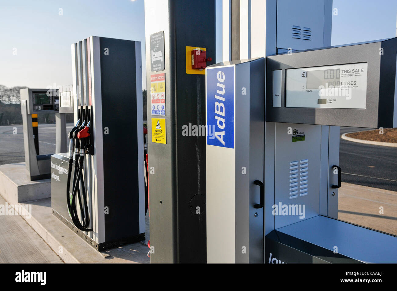 Diesel pump at an Applegreen motorway service station for trucks and lorries, also dispensing AdBlue, a exhaust emissions reducing agent. Stock Photo