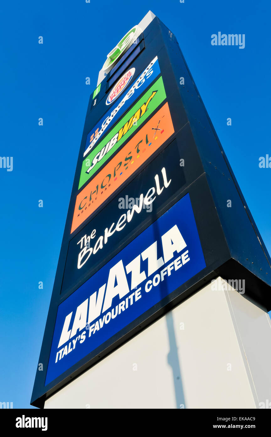 Sign at an Applegreen Service Station advertising Burger King, Greggs (coming soon), Subway, Chopstix, The Bakewell, Lavazza Stock Photo