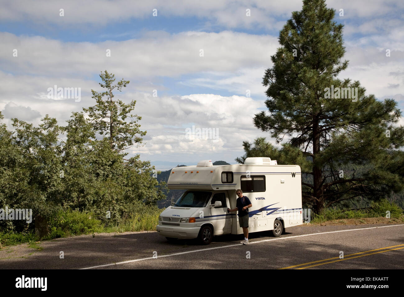 RVer on Emory Pass, west of Hillsboro and Kingston, NM, USA Stock Photo