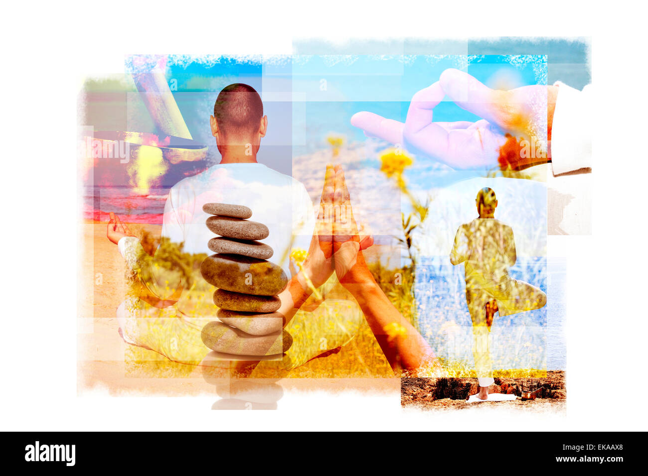 multiple exposures of a young yogi man in different yoga positions outdoors and a stack of balanced stones or a tibetan singing Stock Photo