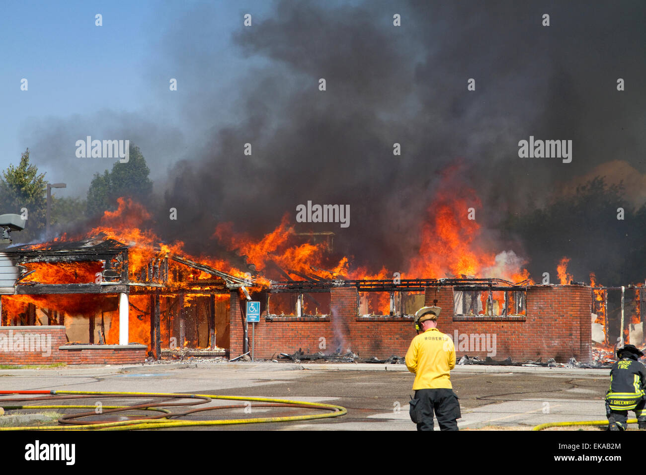Fire fighters on the scene of a building fire in Boise, Idaho, USA. Stock Photo