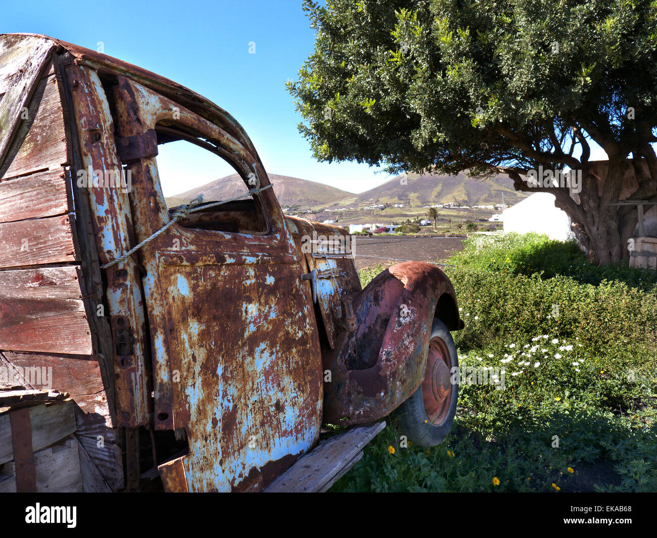 Rusting old pick up truck forms an attractive garden feature in a Lanzarote garden Canary Islands Spain Stock Photo