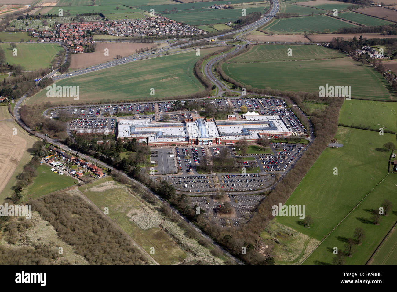aerial view of York Designer Outlet (McArthur Glen) near York, UK Stock Photo