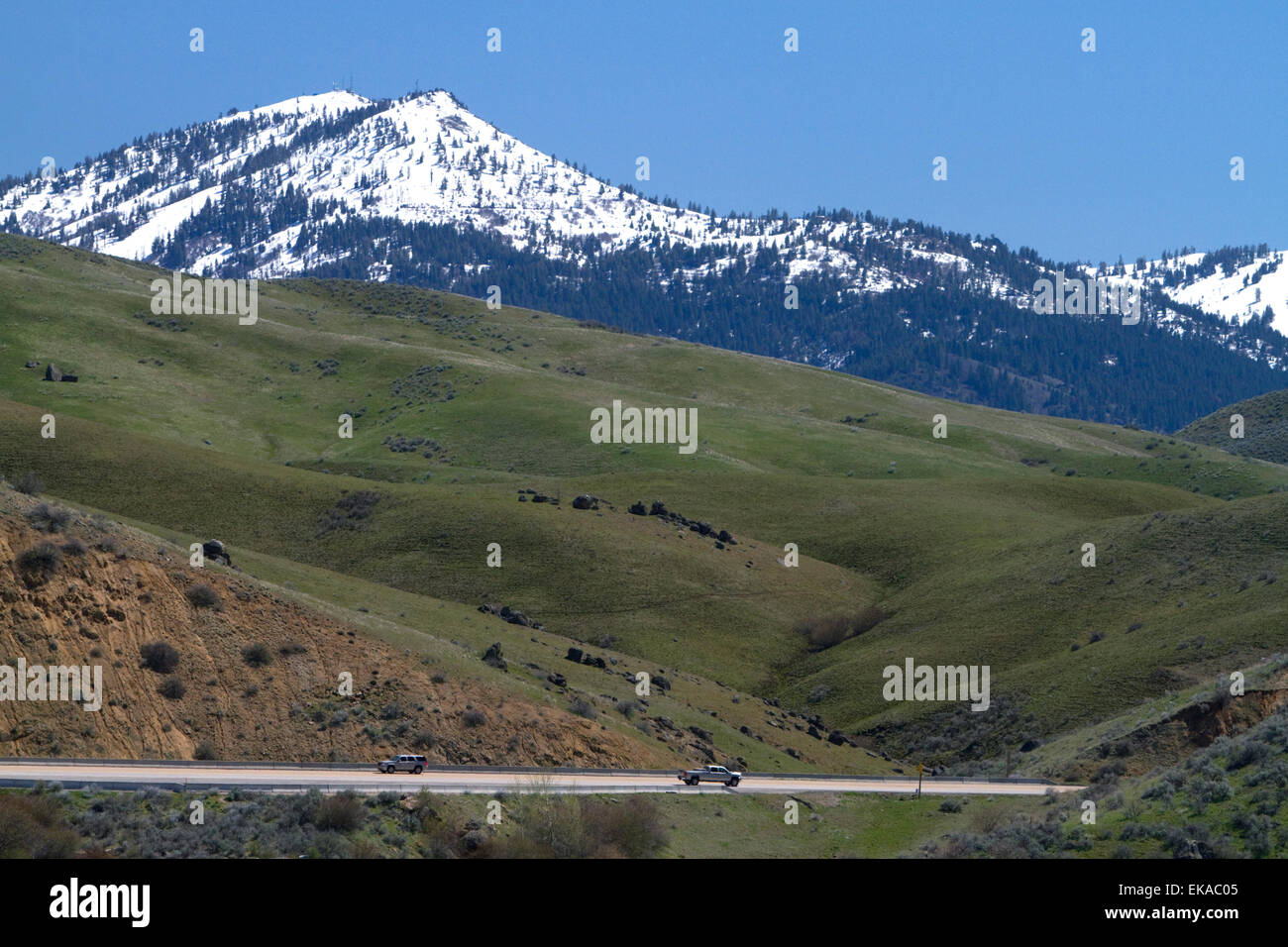 A view of snow covered Shaeffer Butte home to Bogus Basin ski resort along Hwy 55 in Boise County, Idaho, USA. Stock Photo