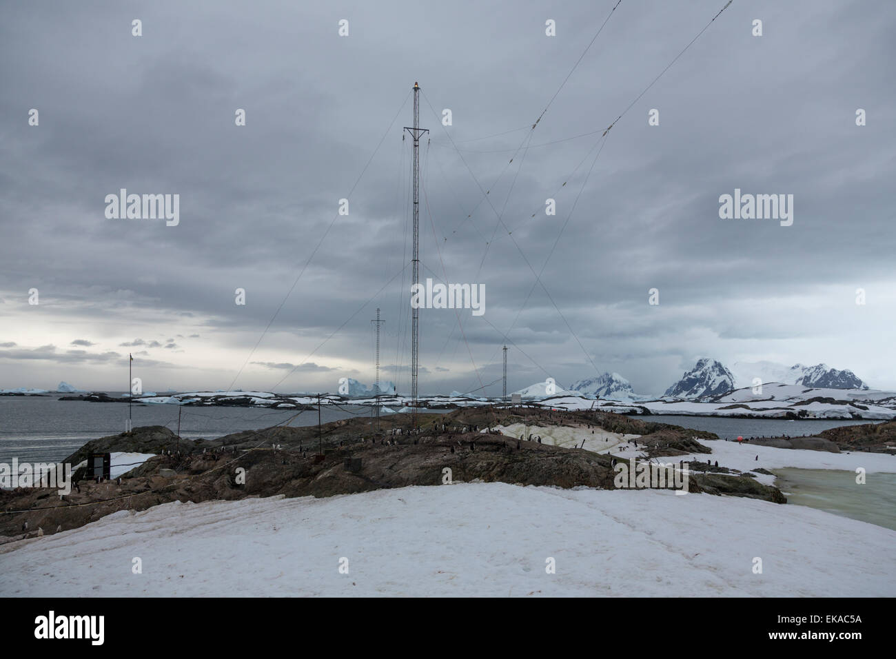 antennae of Vernadsky Research Base,  Galindez Island, Argentine Islands, Antarctica Stock Photo