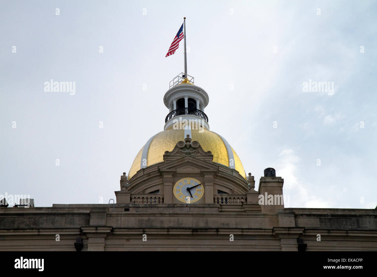 Gold dome and clock atop the City Hall in Savannah, Georgia, USA. Stock Photo