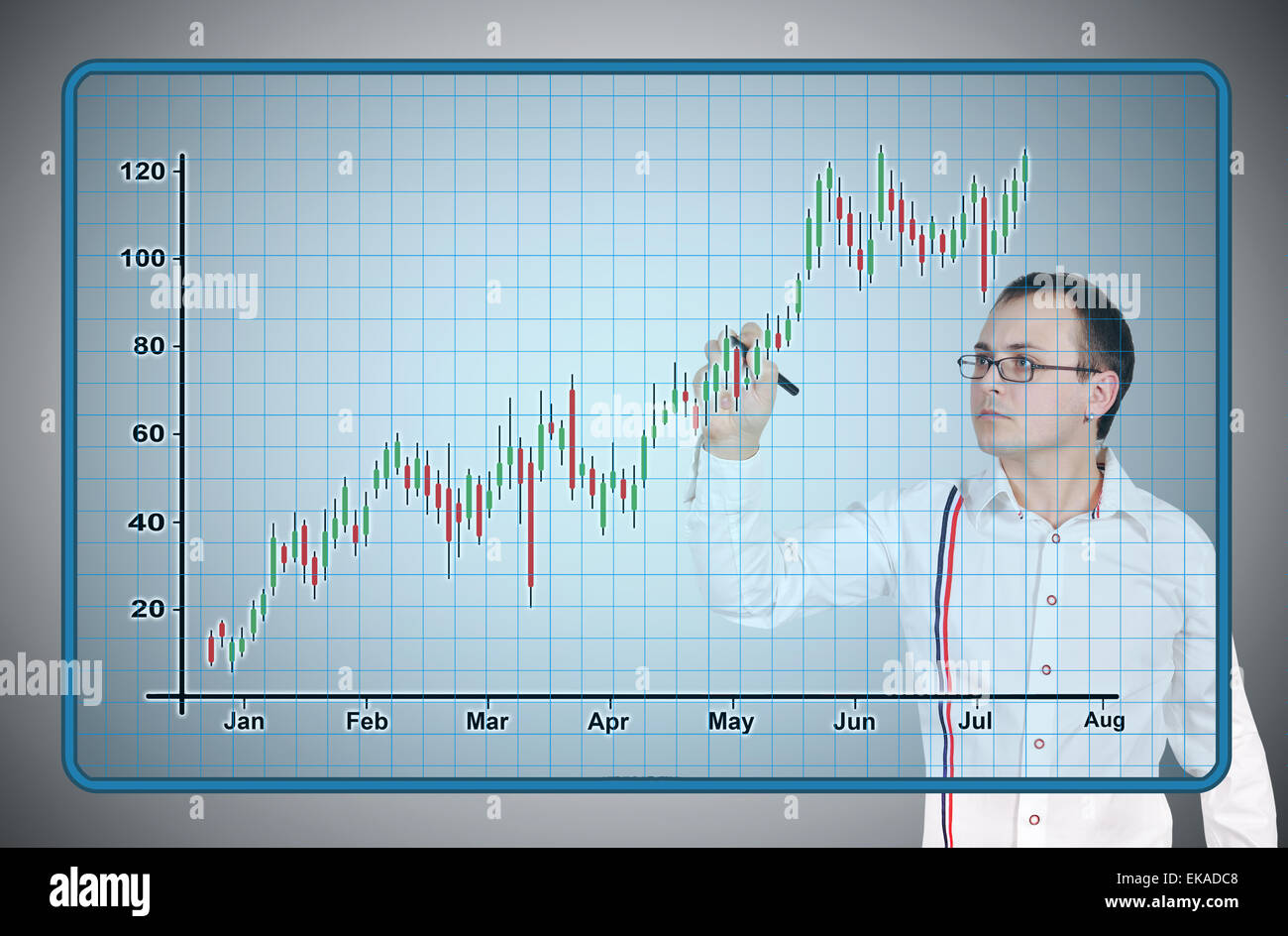young businessman drawing candle chart on virtual screen Stock Photo