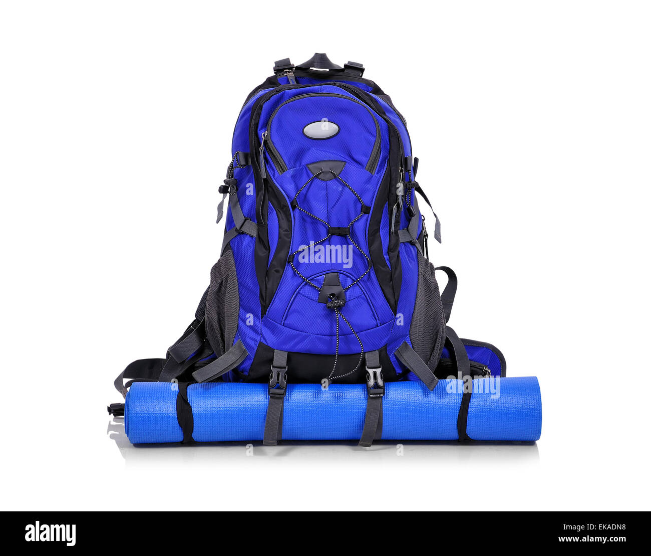 blue tourist backpack on a white background Stock Photo
