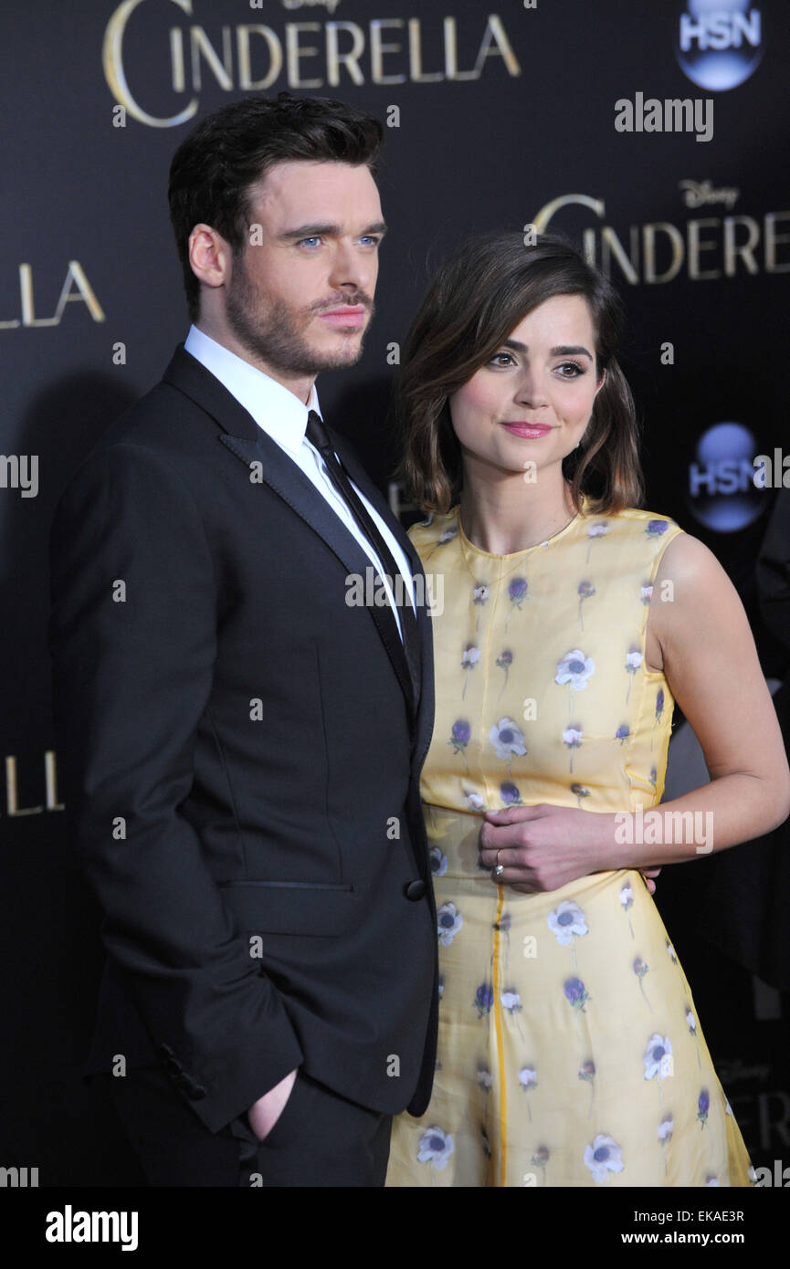 LOS ANGELES, CA - MARCH 1, 2015: Richard Madden & actress girlfriend Jenna Coleman at the world premiere of his movie 'Cinderella' at the El Capitan Theatre, Hollywood. Stock Photo