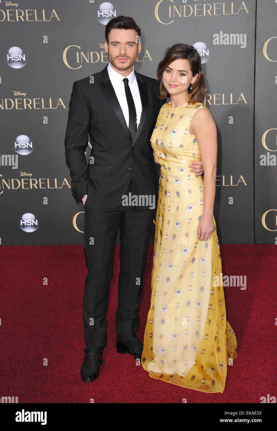 LOS ANGELES, CA - MARCH 1, 2015: Richard Madden & actress girlfriend Jenna Coleman at the world premiere of his movie 'Cinderella' at the El Capitan Theatre, Hollywood. Stock Photo