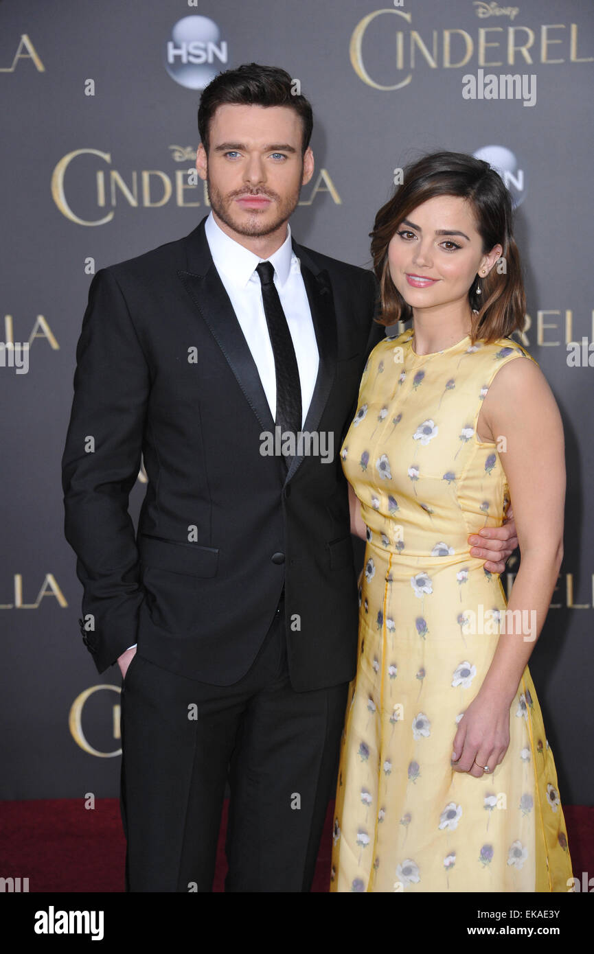 LOS ANGELES, CA - MARCH 1, 2015: Richard Madden & actress girlfriend Jenna Coleman at the world premiere of his movie 'Cinderella' at the El Capitan Theatre, Hollywood. Stock Photo
