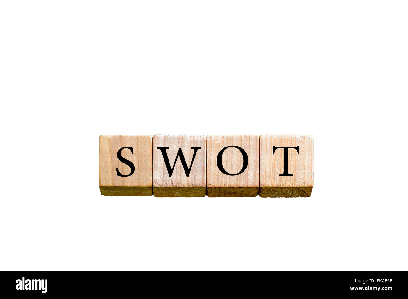 Word SWOT. Wooden small cubes with letters isolated on white background with copy space available. Concept image. Stock Photo