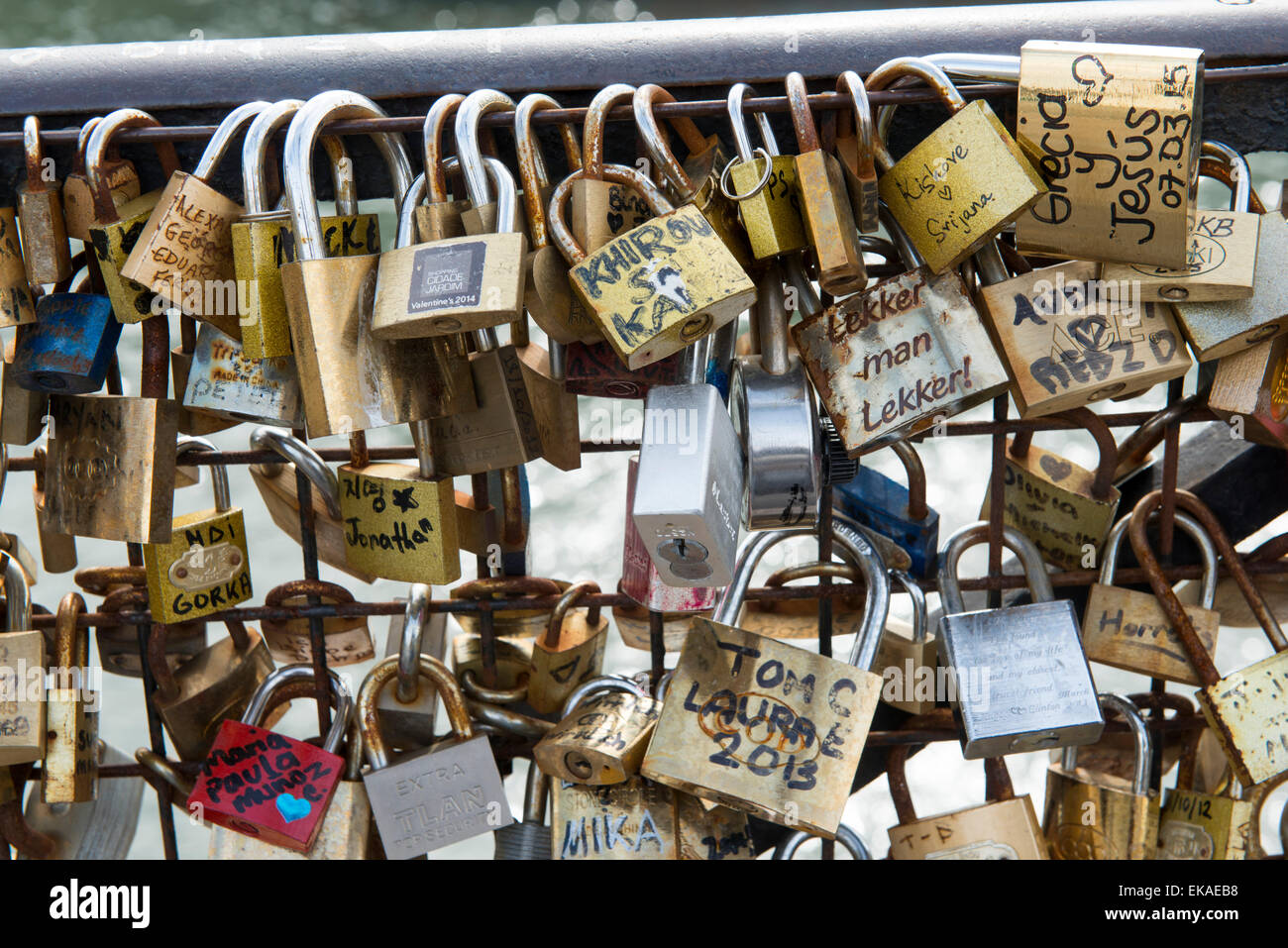 Love locks on Pont Neuf in Paris, France EU Stock Photo