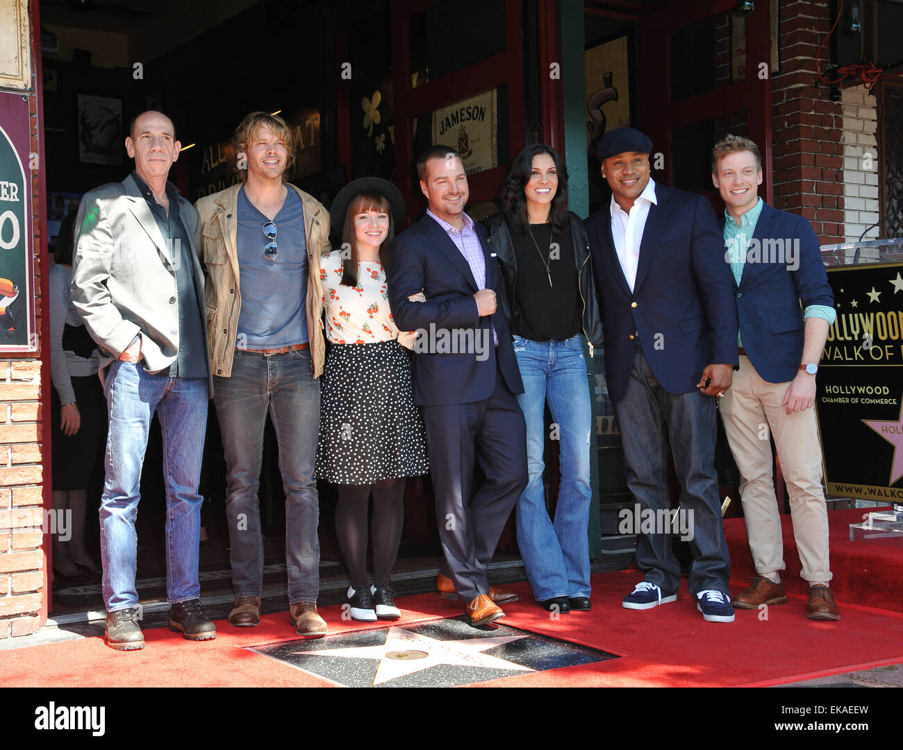 LOS ANGELES, CA - MARCH 5, 2015: 'NCIS: Los Angeles' stars Miguel Ferrer (left), Eric Christian Olsen, Renee Felice Smith, Chris O'Donnell, Daniela Ruah, LL Cool J & Barrett Foa on Hollywood Boulevard where Chris O'Donnell was honored with the 2,544th star on the Walk of Fame. Stock Photo